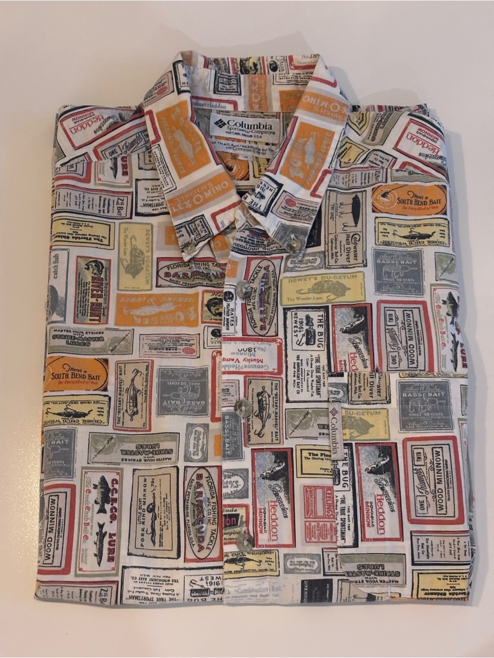Columbia short sleeve button down shirt, Fishing lure packages.Men’s Medium